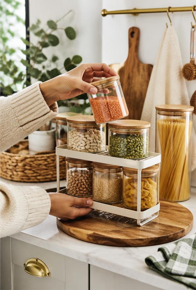 Hands sliding a rack of glass storage jars onto a bright kitchen counter