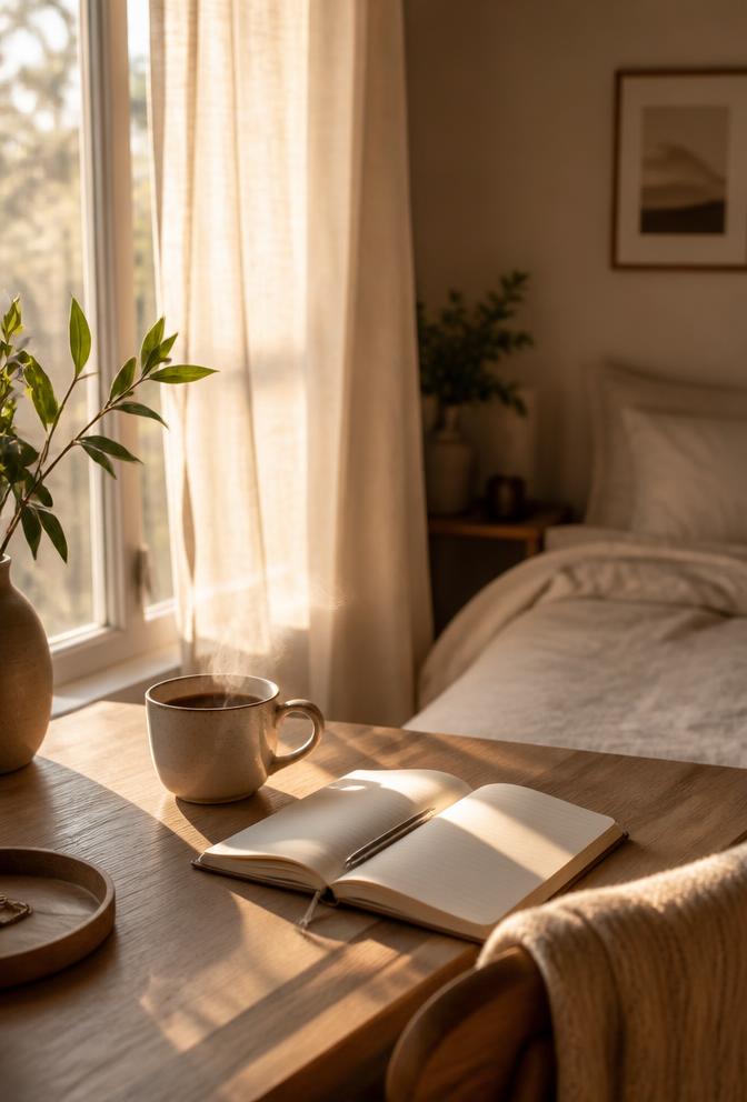 Morning sunlight across a wooden desk with an open notebook and coffee
